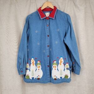 Bobbie Brooks Vintage Y2K Denim Button Down Snowman Christmas Women's Plus Size